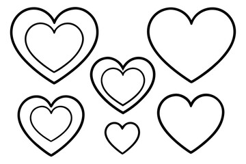 A varied group of outlined black hearts, some featuring nested double lines and others single outlines, presented in different sizes for diverse design applications.