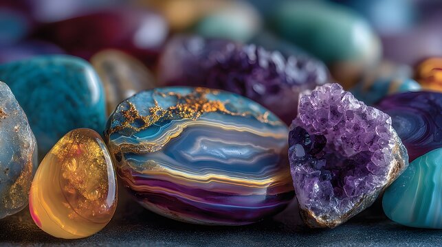 Close-up texture of polished semi-precious gemstones, featuring agates and jaspers in purple, teal, and amber hues with glossy surfaces.
