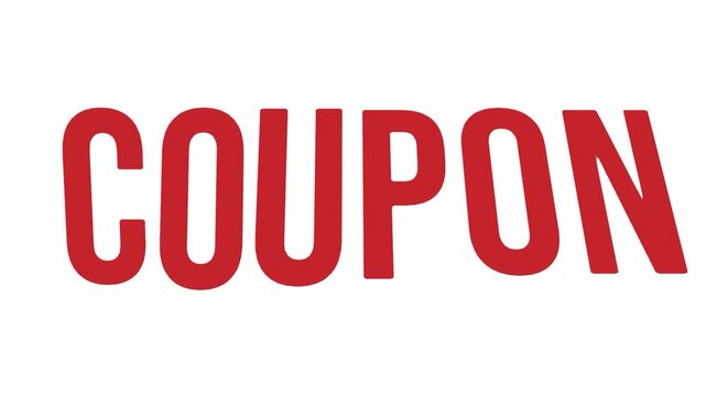 Red bold capital letter COUPON text animation isolated on white background. Promotional discount, retail voucher, and special savings code concept