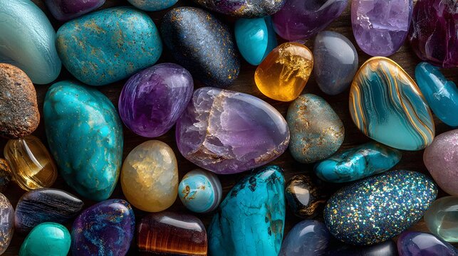 Close-up texture of polished semi-precious gemstones, featuring agates and jaspers in purple, teal, and amber hues with glossy surfaces.