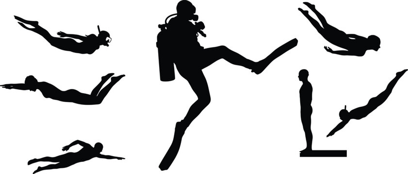 Scuba diver silhouette collection with swimming poses, underwater diving actions isolated on white minimalist vector background set
