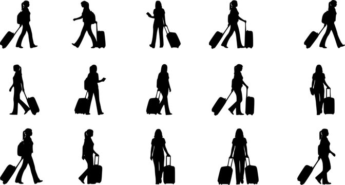Silhouettes of Women Walking with Suitcases on a White Background Keywords: woman, women, silhouette, walking, suitcase, luggage