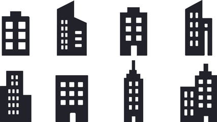 City building silhouette icon set. Modern office skyscraper and apartment block symbols. Urban architecture vector glyphs.  © Articurve