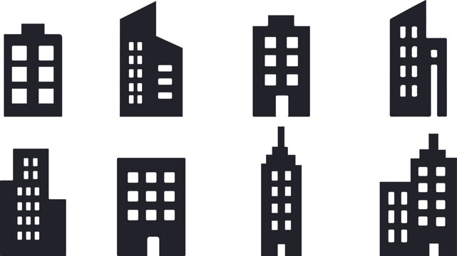 City building silhouette icon set. Modern office skyscraper and apartment block symbols. Urban architecture vector glyphs.
