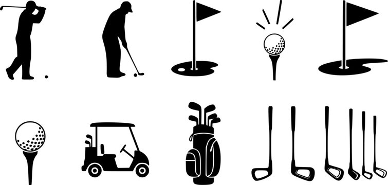 olf silhouettes, golfer swing, tee and ball, putting green flag, golf cart, club bag, course icons, sports equipment, black vector illustration