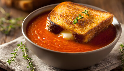 Delicious Bowl of Tomato Soup with Golden Brown Grilled Cheese Sandwich on Top Surrounded by Fresh Thyme Leaves