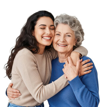 Happy grandmother and granddaughter embrace isolated on transparent background