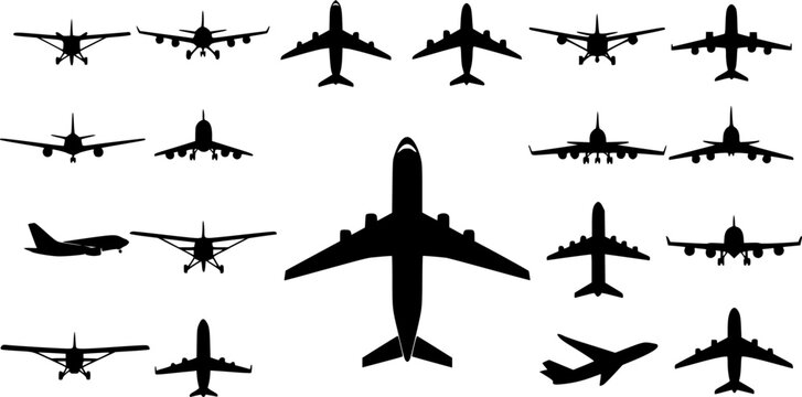 Collection of airplane silhouettes in multiple views, front, top, and side positions, black aircraft icons, aviation vector illustration, travel and transportation concept