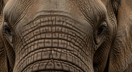 Fototapeta premium Close-up view of an elephant's face showcasing wrinkled skin texture and detailed features in a wildlife photography setting