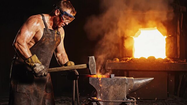 Muscular blacksmith hammering glowing metal on anvil with sparks flying, forge fire background