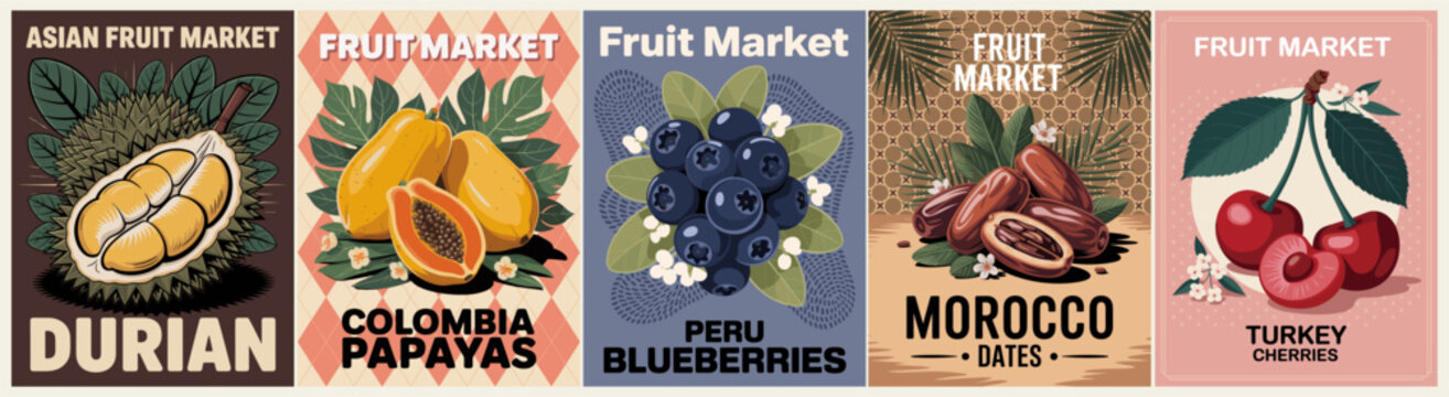 Mid-century style fruit market posters featuring durian, papaya, blueberries, dates, and cherries with bold colors and decorative retro design.