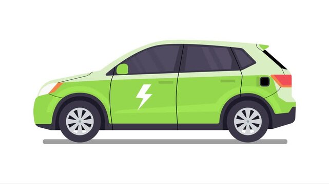 Flat vector animation frame of a modern lime green electric SUV car with a lightning bolt symbol, isolated on white. Represents sustainable transport, ecology, charging technology, and future mobility