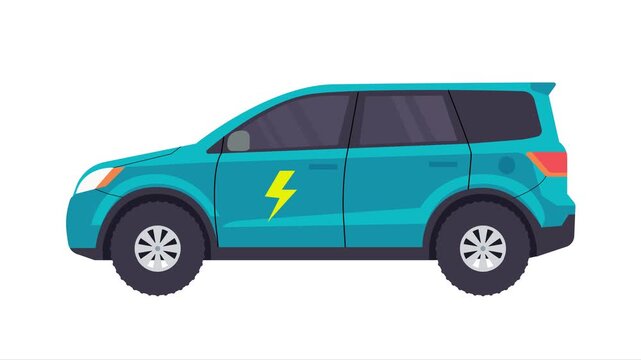 Flat design vector motion graphic loop of a teal electric SUV or crossover vehicle. Features a lightning bolt logo symbolizing EV power, representing modern, eco-friendly transportation technology.