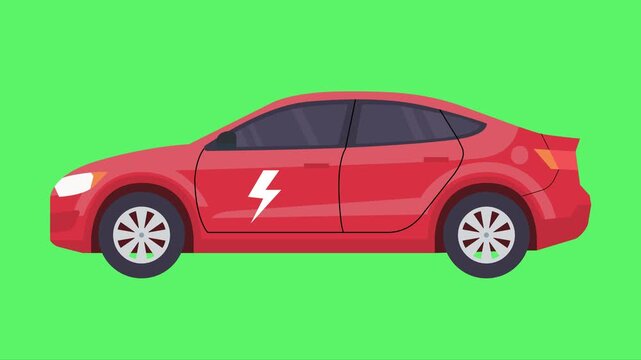 Flat vector motion graphic of a modern red electric vehicle (EV) sedan with a lightning bolt symbol on the side, displayed against a bright green background. Environmentally friendly transport concept