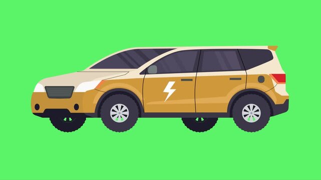 Side view of an electric vehicle (EV) SUV/crossover with a lightning bolt symbol. Pixelated vector motion graphic illustration isolated on a bright green screen background, representing eco-friendly t