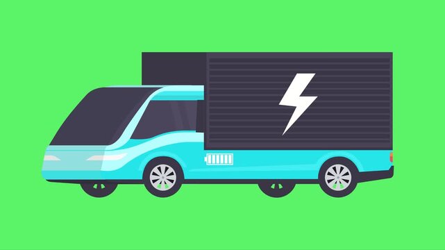 Flat design vector animation showing a modern blue electric delivery truck or cargo van. The vehicle displays a lightning bolt symbol and a battery indicator charging against a green screen. EV logist