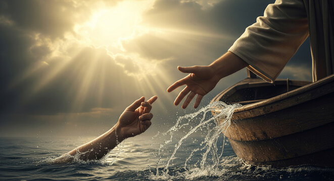 Jesus Christ saving a drowning man from the sea, hand of God reaching out from a boat, salvation and faith concept