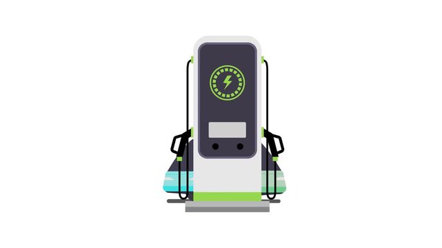 Flat vector animation graphic of two electric commercial vehicles (delivery truck and van) plugged into a modern fast charging station. Concept of green logistics, future mobility, and sustainable tra