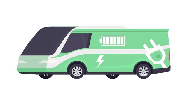 Flat vector illustration of a light green electric delivery van featuring battery, lightning bolt, and charging plug icons. Represents modern, eco-friendly logistics, EV technology, and zero-emission 