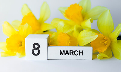 Eight March calendar cube with yellow daffodil in a bright spring bouquet scene vibrant composition
