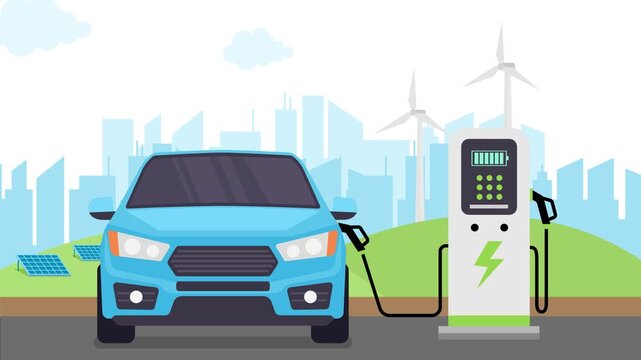 Flat vector graphic showing an electric car charging in a city landscape powered by green energy sources like solar panels and wind turbines, symbolizing eco-friendly transportation and clean urban in