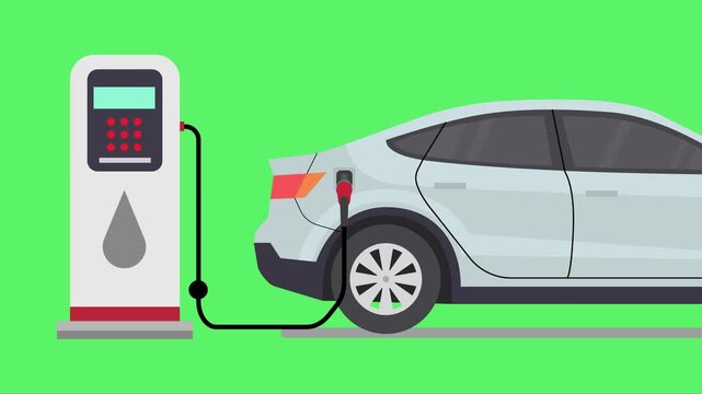 Flat vector illustration of a modern white electric vehicle (EV) being charged at a generic pump station against a bright green background. Concept of e-mobility, future transport, and sustainability.