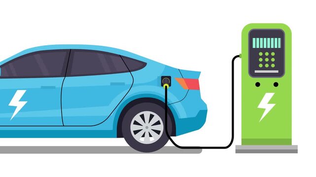 Flat vector illustration of a blue electric car (EV) plugged into a green charging station (EVSE). Concept representing sustainable energy, green technology, eco-friendly transportation, and battery p
