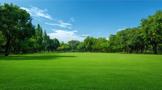 Beautiful lush green grass lawn in a public park with trees under a clear blue sky
