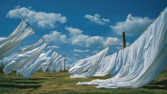 Fresh white bed sheets drying on a clothesline outdoors, blue sky and green grass, wind motion