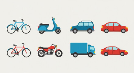 Naklejka premium Collection of various vehicles including bicycles motorcycles cars and a truck.