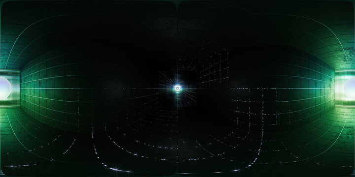 Full spherical hdri panorama 360 degrees of Abstract sci-fi black tunnel. Wormhole absorbs cyberspace. 3D portal. Futuristic fantasy high-tech tunnel. Tile floor. 3D render illustration