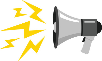 Megaphone loudspeaker icon, sound announcement concept, yellow lightning effect, flat vector illustration, communication symbol, isolated on white