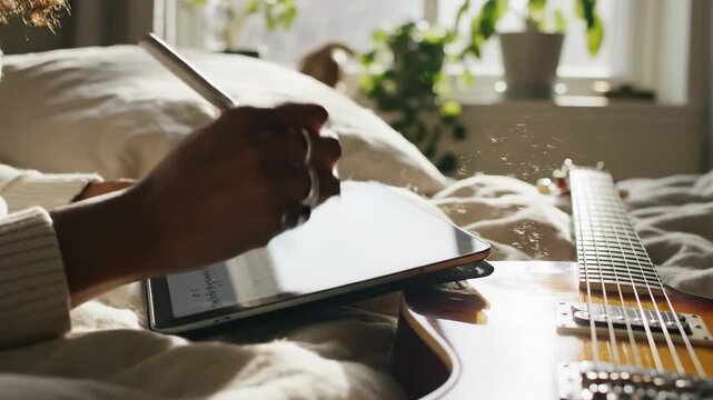 Musician writing song lyrics on tablet with guitar in bed, creative process