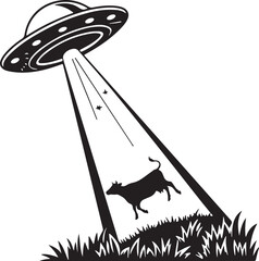 Black and white illustration of a UFO abducting a cow with a tractor beam from a grassy field © Picture Paradise