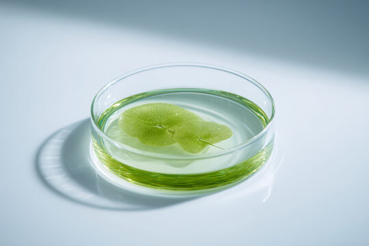 Yeast treatment essence floating glass leaf liquid petri dish skincare product evokes serene refreshing feeling through pure natural extract formula for healthy radiant glow