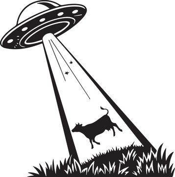 Black and white illustration of a UFO abducting a cow with a tractor beam from a grassy field