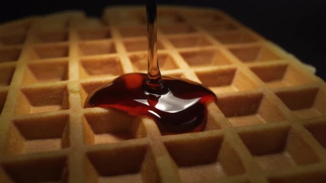 A close-up view of a golden-brown waffle with a stream of syrup being poured onto it, filling the grid pattern