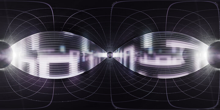 Full spherical hdri panorama 360 degrees of Abstract sci-fi black tunnel. Wormhole absorbs cyberspace. 3D portal. Futuristic fantasy high-tech tunnel. Tile floor. 3D render illustration