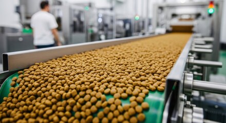 Fototapeta premium Pet food kibble on green conveyor belt in modern manufacturing factory