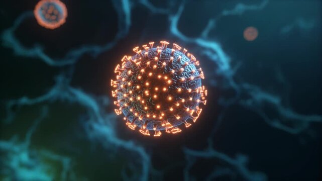 Spherical object with glowing orange dots surrounded by blue lightning in dark background