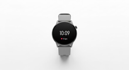 Modern Smartwatch with Gray Strap Displaying Time and Heart Rate on White Background