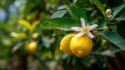 Lemons with flower hanging on tree in lemon farm