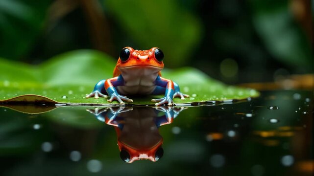 Colorful Tropical Frog Resting on Leaf Above Water in Rainforest