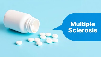 Multiple sclerosis treatment. Pills and bottle on light blue background.