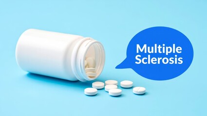 Multiple sclerosis treatment. Pills and bottle on light blue background.