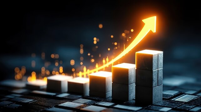 Rise up glowing arrow, volatility index chart on dark background