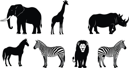 WebBlack vector silhouette set of elephant giraffe rhino horse zebra and lion for concepts of African safari wildlife nature and zoo © Mehedi