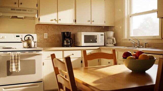 A Sunny Kitchen With Fruits, Appliances, And A Dining Table, Perfect Image