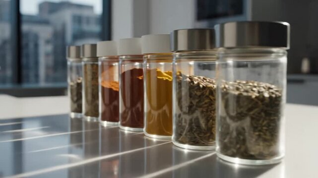 A Row Of Spice Jars Lined Up On A Modern Kitchen Countertop Bathed In Sunlight