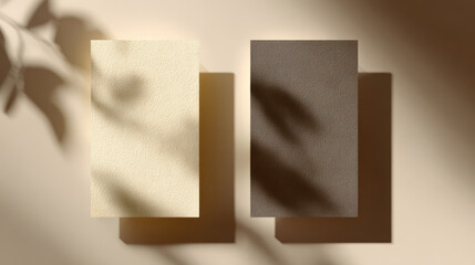 Fototapeta premium Minimalist composition of beige and brown empty paper cards placed on a light surface with natural lighting and soft shadows. Stationery business card mockup layout for branding. Generative AI